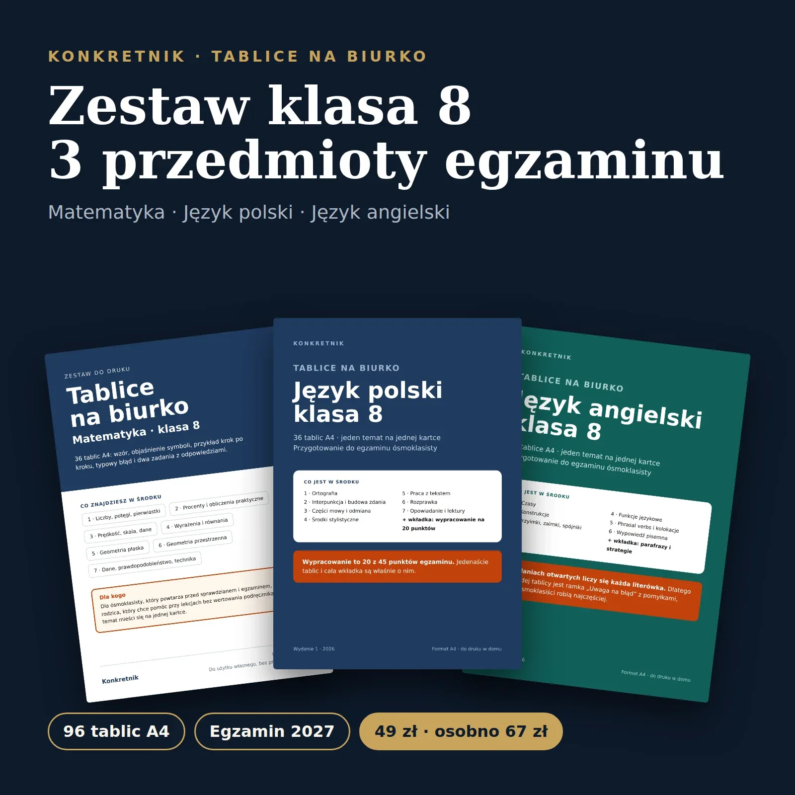 Tablice na biurko – zestaw 3 przedmiotów na egzamin ósmoklasisty