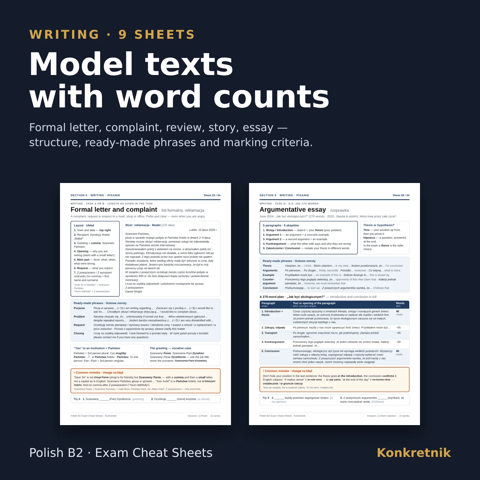 Polish B2 Exam Study Sheets – sample sheets: writing