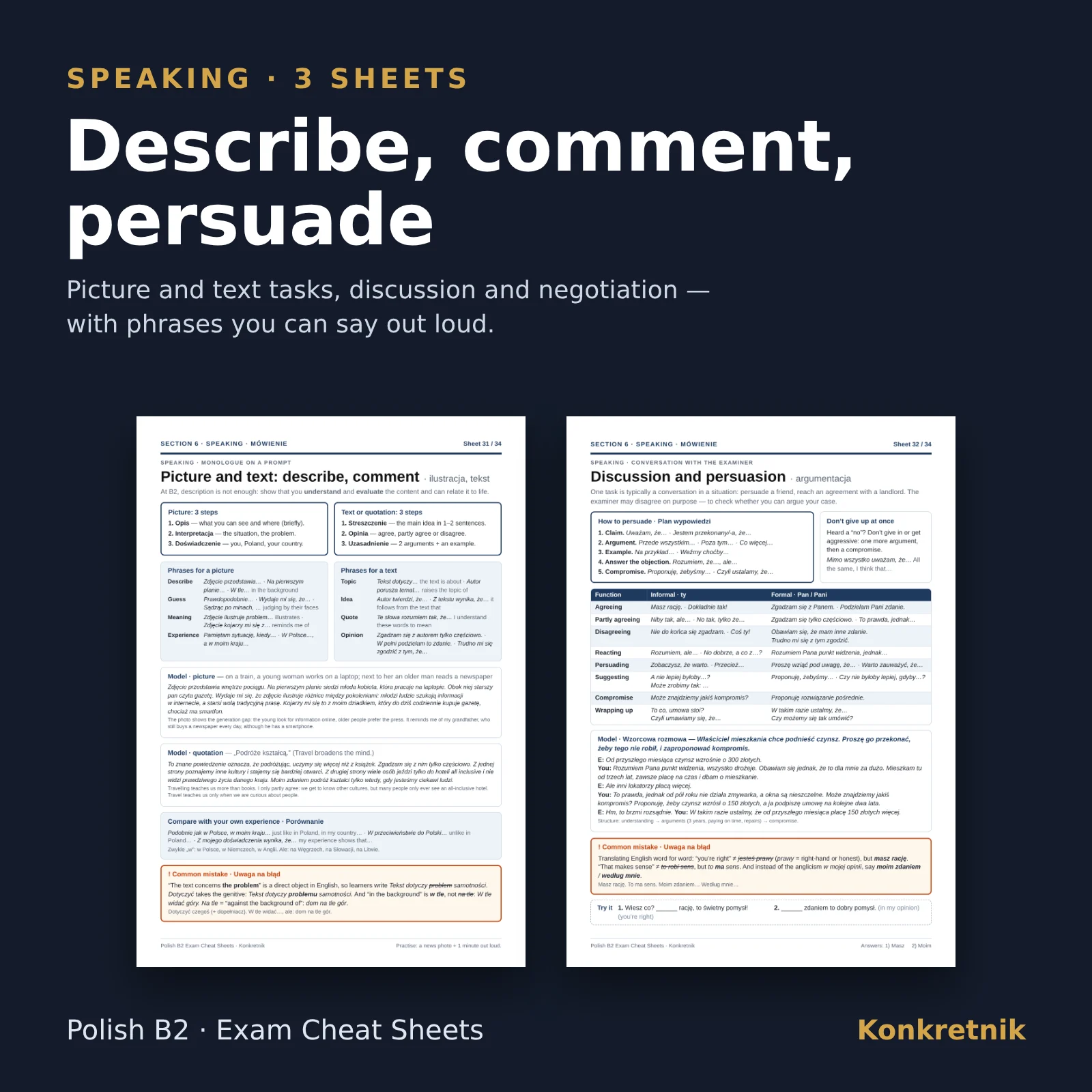 Polish B2 Exam Study Sheets – sample sheets: speaking